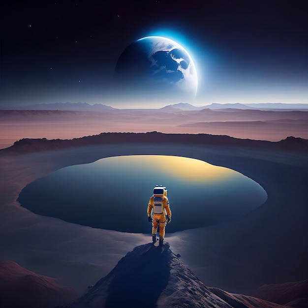 An astronaut stands on the surface of the moon