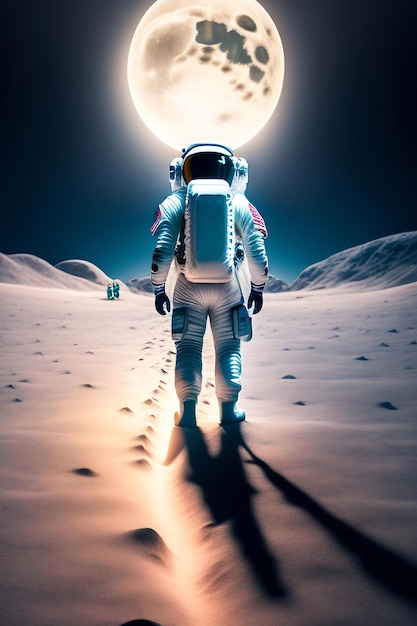 An astronaut stands on the surface of the moon