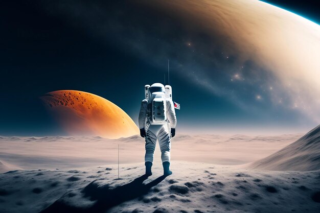 An astronaut stands on the surface of the moon