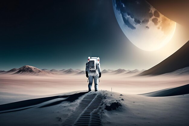 Астронавт стоит на поверхности Луны