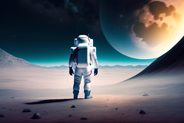 An astronaut stands on the surface of the moon