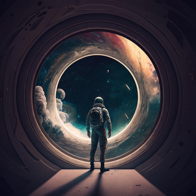 An astronaut stands in a tunnel looking at a large planet.