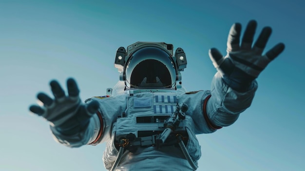 Foto astronaut strekt zich uit in de ruimte met een heldere blauwe hemel op de achtergrond