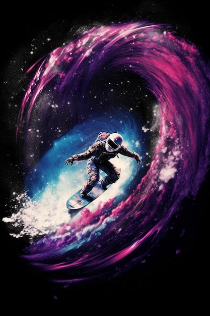 Astronaut surf on a surfboard in space with stars