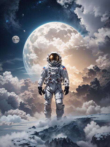 Astronaut on surface of alien planet with clouds atmosphere landscape background