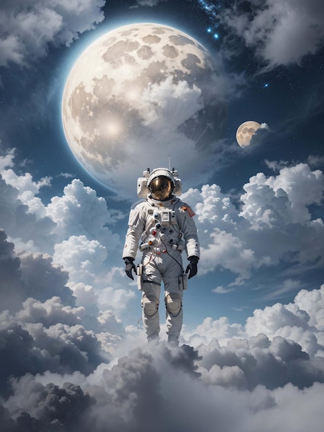 Astronaut on surface of alien planet with clouds atmosphere landscape background