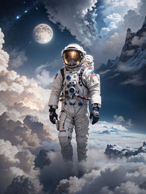 Astronaut on surface of alien planet with clouds atmosphere landscape background