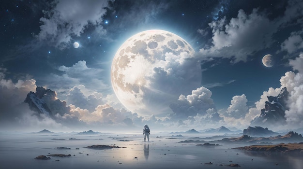 Астронавт на поверхности чужой планеты с облаками, атмосферным пейзажным фоном