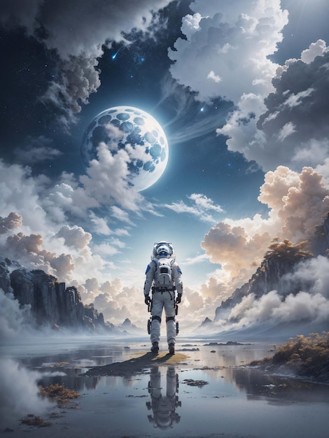 Astronaut on surface of alien planet with clouds atmosphere landscape background