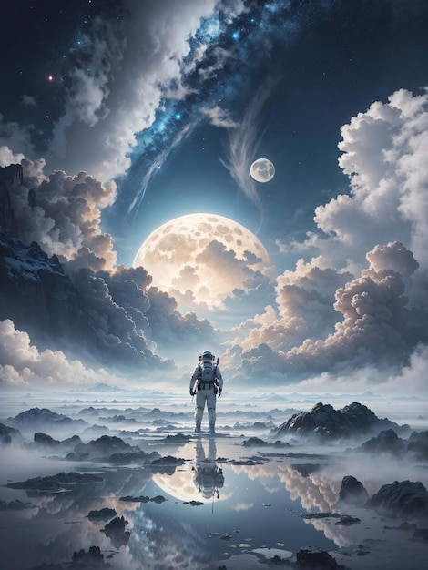 Astronaut on surface of alien planet with clouds atmosphere landscape background