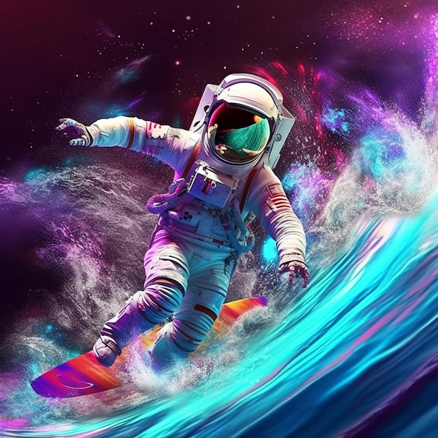 Astronaut surfen met surfplank op de regenboog op de achtergrond van de ruimte