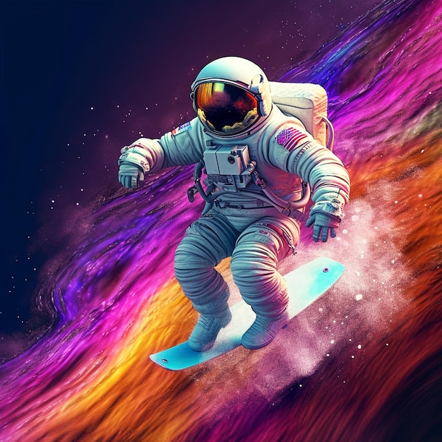 Astronaut surfing on the rainbow in the space background