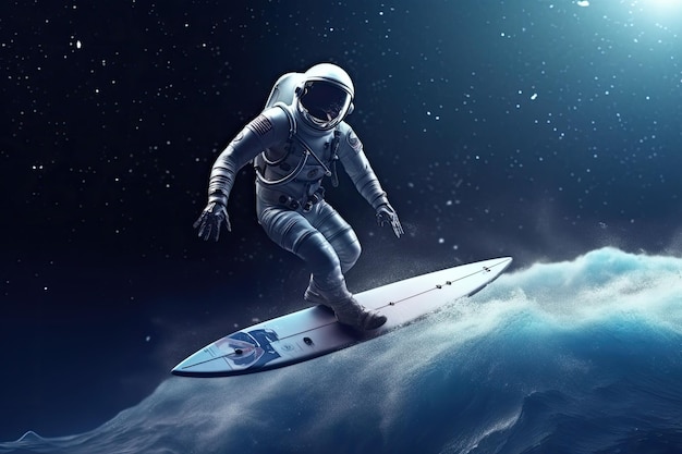 宇宙でサーフィンをする宇宙飛行士 サーフボードに乗った宇宙飛行士が星々をサーフィンしている ジェネレーティブ AI