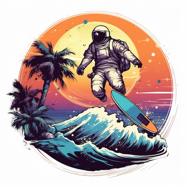 Photo an astronaut surfing on a wave in the ocean with palm trees generative ai