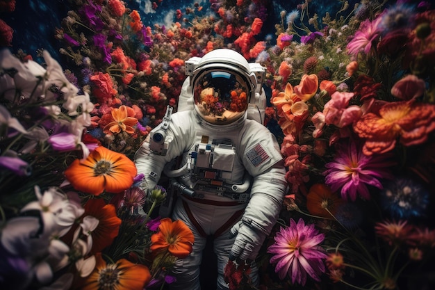 Astronaut surrounded by lush and vibrant blooms floats in space created with generative ai