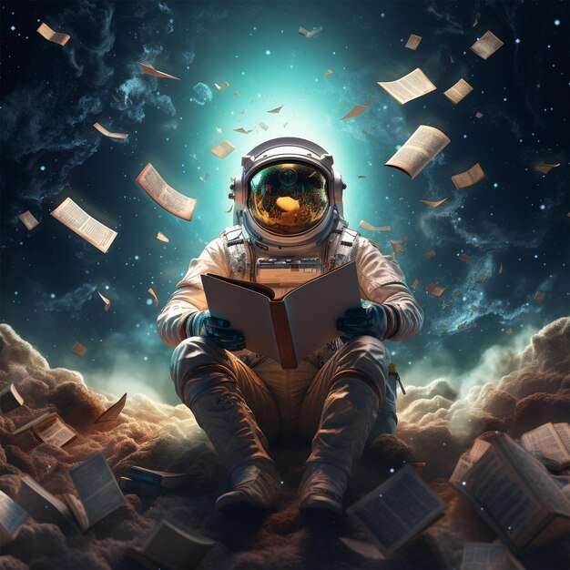 An astronaut surrounded by stars and galaxies reading