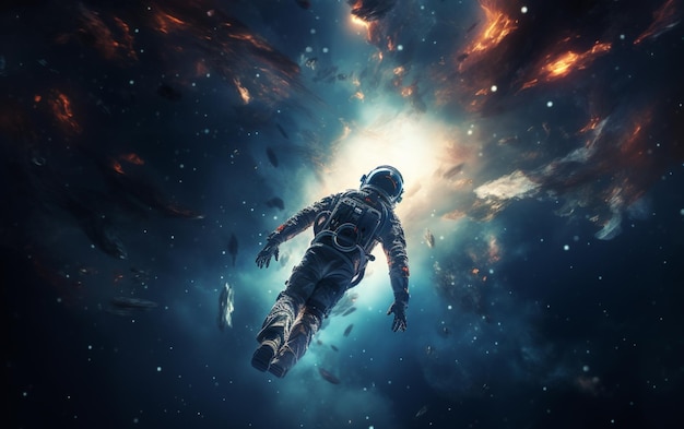 Астронавт, плывущий через туманность в космическом пространстве, сказочный символизм астронавта