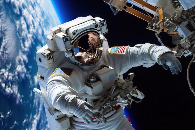 우주 과학 개념을 발견하고 국제역 밖에서 산책하는 우주비행사