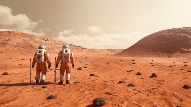 Astronaut team is walking on the mars AI generative