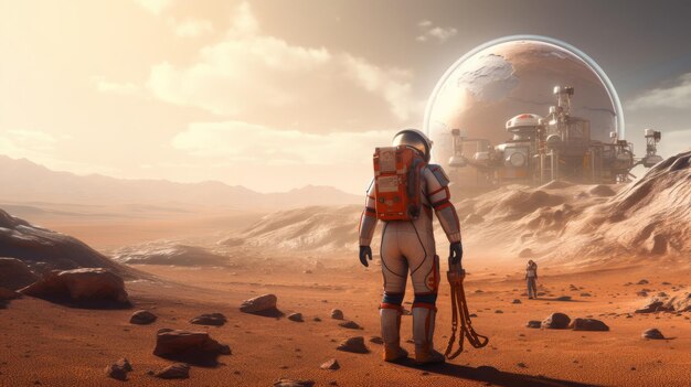 Astronaut team is walking on the mars AI generative