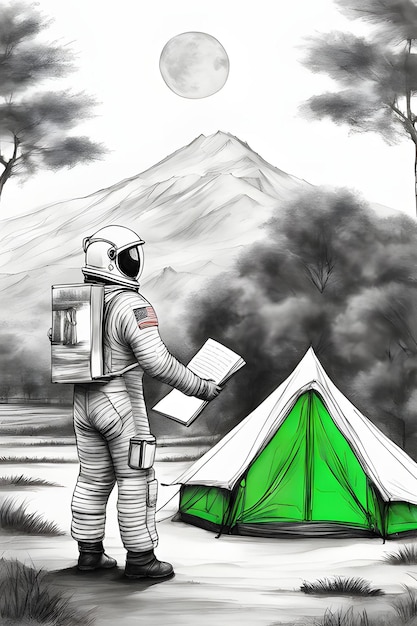 Astronaut in the tent coloring page printable quality black and white poster quality