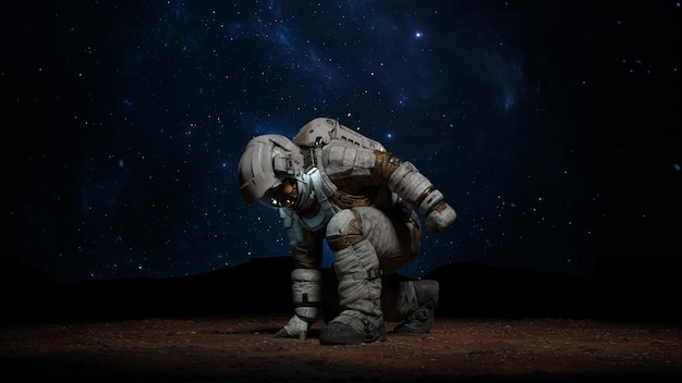 Astronaut touches ground with his hand on planet Red planet Mars exploration Stars galaxies and nebulae above cosmonaut 3d render