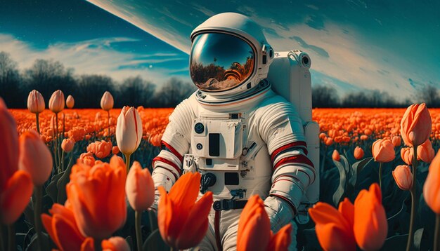 An astronaut in a tulip flower garden ai generator image