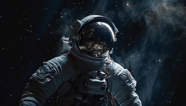 Astronaut in uniform armed with rifle explores dark galactic landscape generated by artificial intelligence