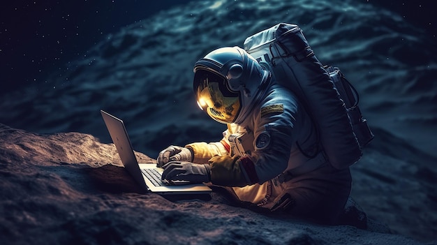 Photo astronaut using a laptop and light generative ai