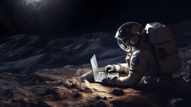 Foto astronauta che utilizza un laptop e un'ia generativa leggera