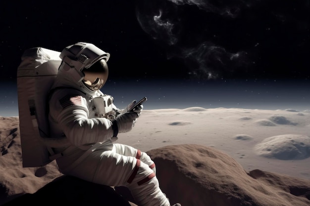 Astronaut using smartphone on mars terrain