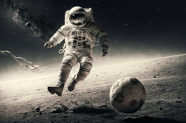 Astronaut voetballen in de lege ruimte