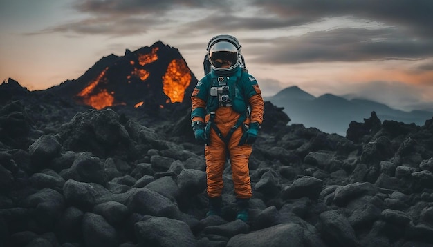 火山の岩の間にある宇宙飛行士