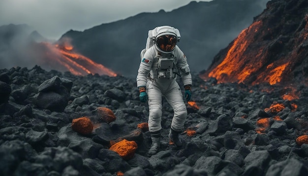 화산 바위 사이 의 우주 비행사