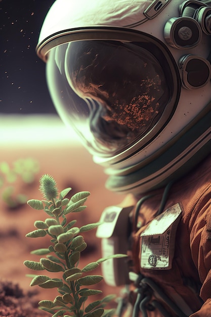 Astronaut vond een plant op het futuristische fantasiebeeld van Mars