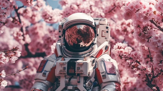 Astronaut voor een roze kersenboom