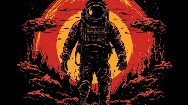 宇宙飛行士が激しい太陽の背景を背景に劇的な溶岩惑星を歩いていますイラストのTシャツ