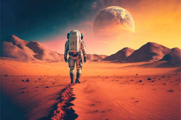 Астронавт, идущий по пустыне на абстрактном фоне планеты Марс