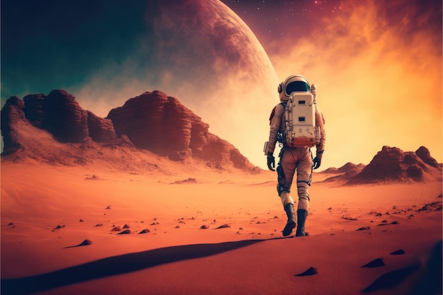 Premium AI Image | Astronaut walking across desert on Mars planet ...