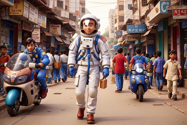 astronaut walking in Indian streets