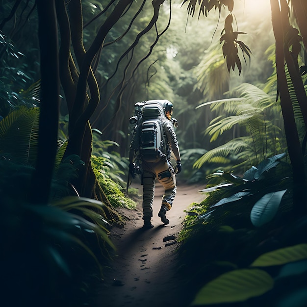 Astronaut walking in jungle