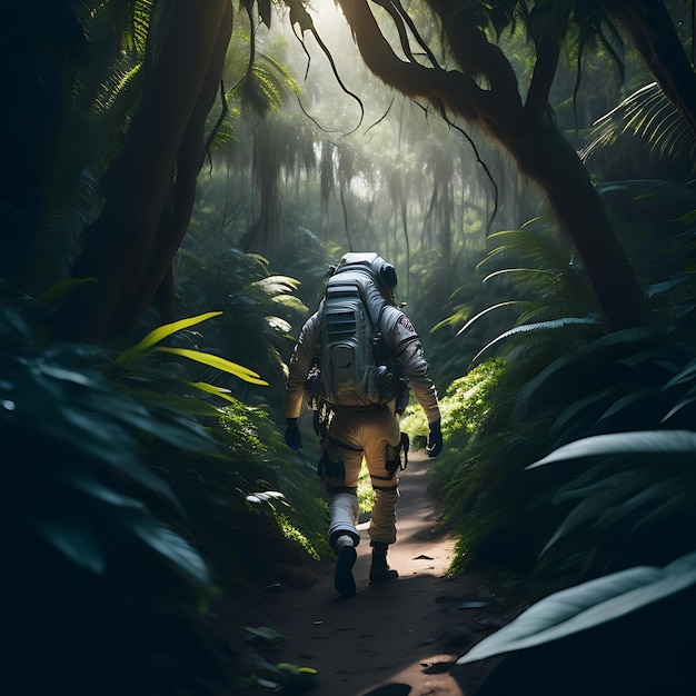 Astronaut walking in jungle