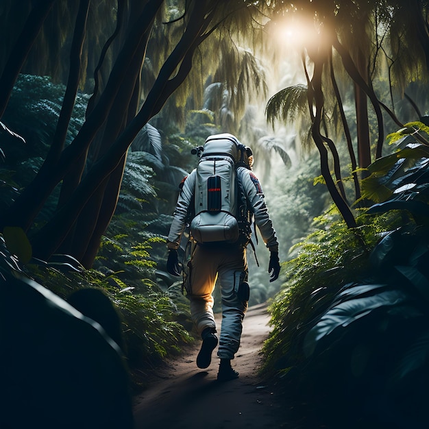 Astronaut walking in jungle