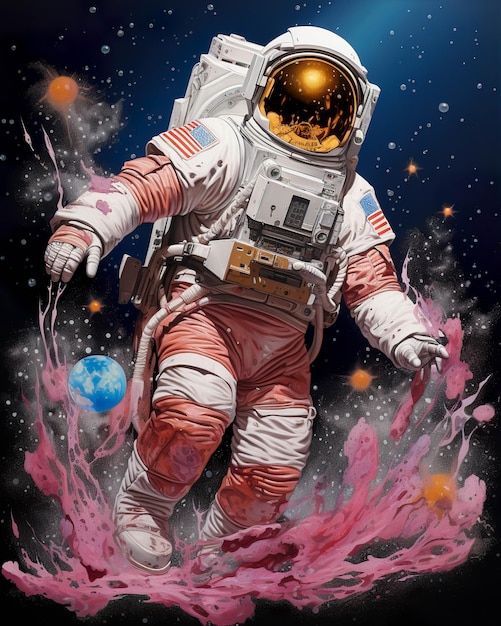 a astronaut walking in space with pink paint on his body in the style of detailed comic book art