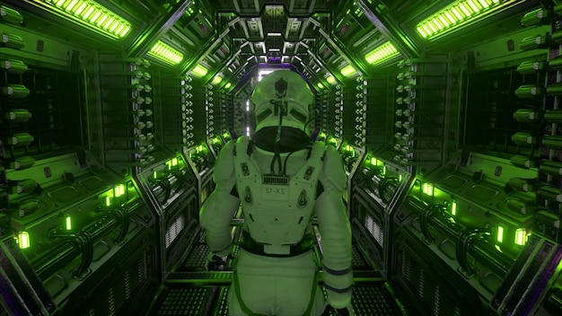 Astronaut walking in spaceship tunnel, sci-fi shuttle corridor. Futuristic abstract technology. Technology and future concept. Flashing light. 3d illustration