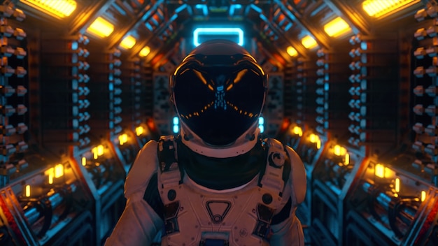 Astronauta che cammina nel tunnel dell'astronave, corridoio della navetta di fantascienza. tecnologia astratta futuristica. tecnologia e concetto futuro. lampeggiante. illustrazione 3d