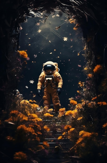 an astronaut walking through a field of flowers