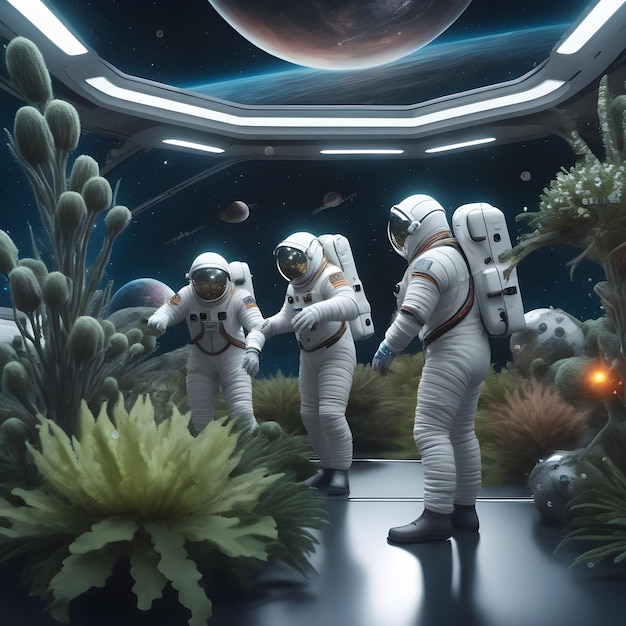 an astronaut walking through a field of plants and trees ai generative