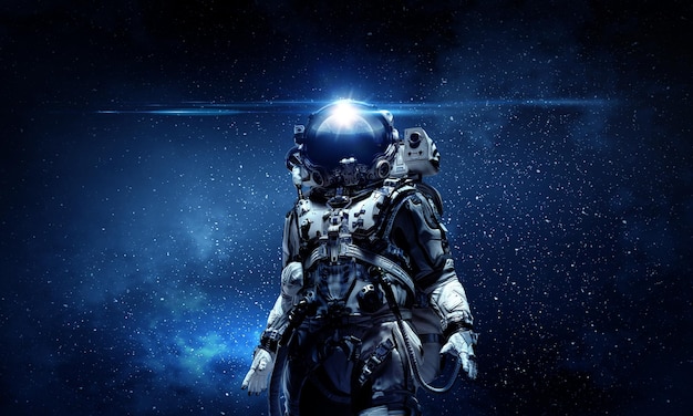 Foto astronauta che cammina su un pianeta inesplorato. tecnica mista