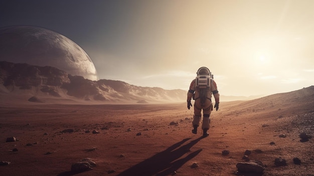 Astronaut walking on an unexplored planet